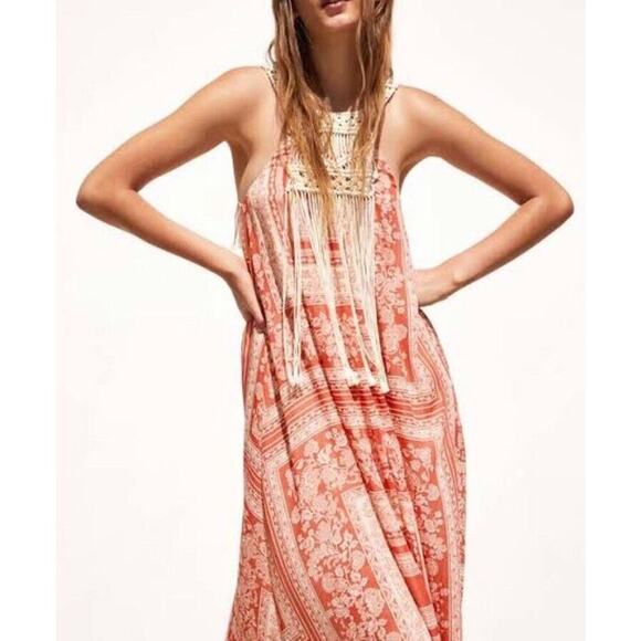 Zara Paisley Fringe Maxi Dress Woman Size XS-S Sleeveless Red White Sleeveless - Picture 1 of 10
